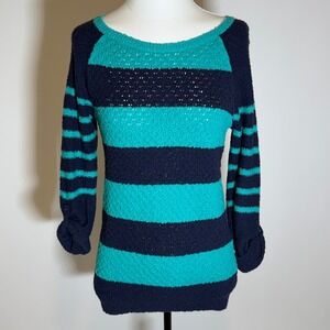 Ann Taylor LOFT Striped Textured Knit Sweater 3/4 Sleeve Womens Small Teal/Navy
